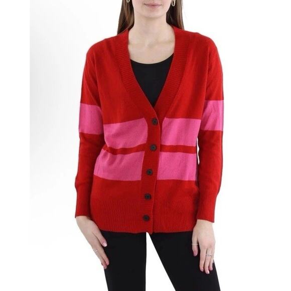 Madeleine Thompson Womens Red Knit Ribbed Trim Cardigan Sweater L NWT Valentine - Picture 1 of 12